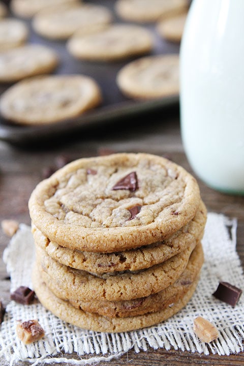 Brown Butter Toffee Chocolate Chunk Cookies Recipe on twopeasandtheirpod.com. These cookies are a favorite at our house! One of our very favorite cookie recipes! 