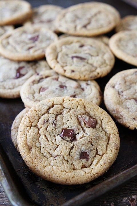 Brown Butter Toffee Chocolate Chunk Cookies Recipe on twopeasandtheirpod.com.The brown butter makes these cookies extra special! #cookies #recipe