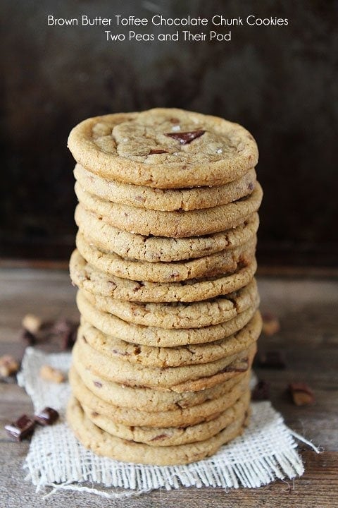 Brown Butter Toffee Chocolate Chunk Cookies Recipe on twopeasandtheirpod.com. Everyone LOVES these cookies! A MUST make! #recipe #cookies