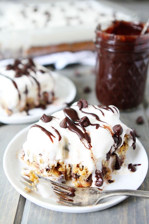 Chocolate Chip Cookie Ice Cream Bars Recipe on twopeasandtheirpod.com. Chocolate chip cookie bars topped with cookie dough ice cream! AMAZING!