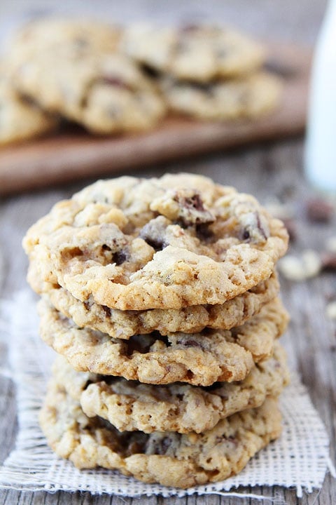 Crispy Chocolate Chip Crunch Oatmeal Cookies Recipe on twopeasandtheirpod.com