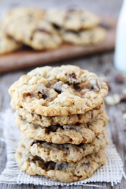 Crispy Chocolate Chip Crunch Oatmeal Cookies Recipe on twopeasandtheirpod.com