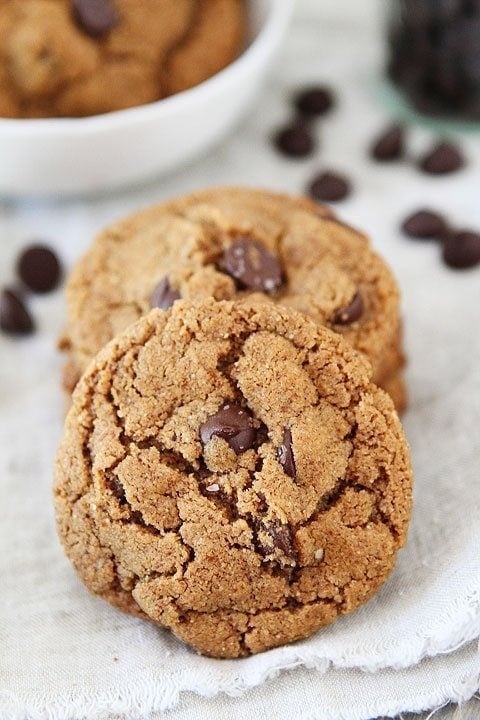 Flourless Almond Butter Chocolate Chip Cookies Recipe on twopeasandtheirpod.com These cookies are gluten-free, easy to make, and SO good! Flourless Almond Butter Chocolate Chip Cookies