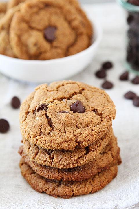 Flourless Almond Butter Chocolate Chip Cookies Recipe on twopeasandtheirpod.com 