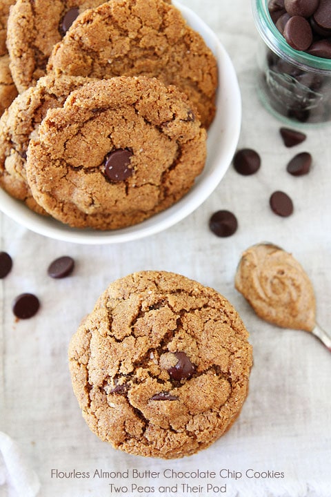 Flourless Almond Butter Chocolate Chip Cookies Recipe on twopeasandtheirpod.com 