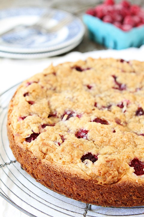 Raspberry Coconut Cake with Coconut Streusel Recipe on twopeasandtheirpod.com This simple cake is great for breakfast or dessert! #cake