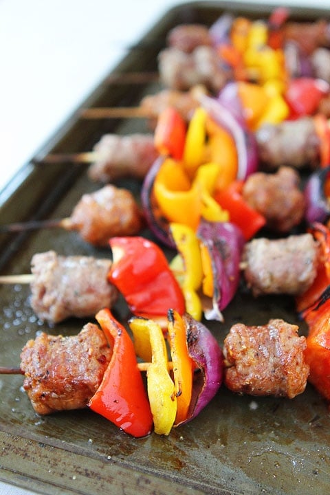 Sausage and Pepper Skewers Recipe on twopeasandtheirpod.com