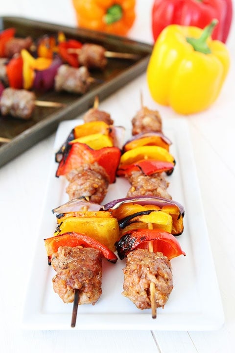 Sausage and Pepper Skewers Recipe on twopeasandtheirpod.com