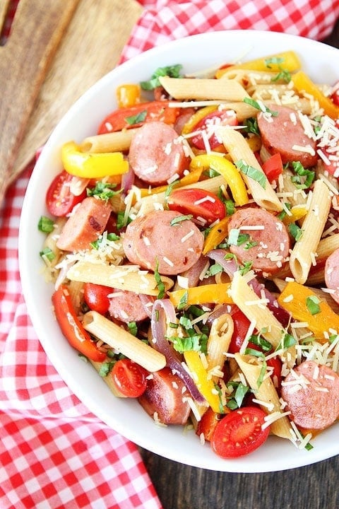Spicy Sausage and Pepper Pasta Recipe on twopeasandtheirpod.com This delicious pasta dish only takes 30 minutes to make! #pasta