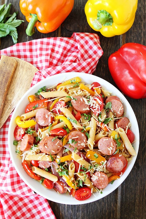 Spicy Sausage and Pepper Pasta Recipe on twopeasandtheirpod.com You can have this colorful pasta dish on your table in 30 minutes! #pasta