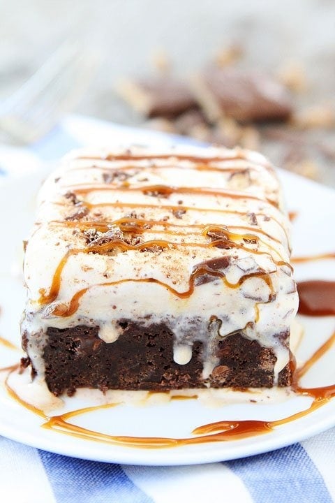 Toffee Ice Cream Brownie Bars Recipe on twopeasandtheirpod.com. Hands down the BEST dessert you will eat all summer!