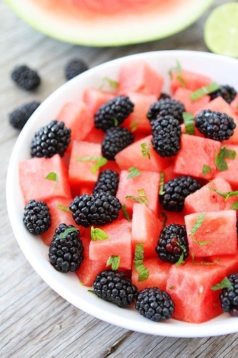 watermelon fruit salad garnished with mint 