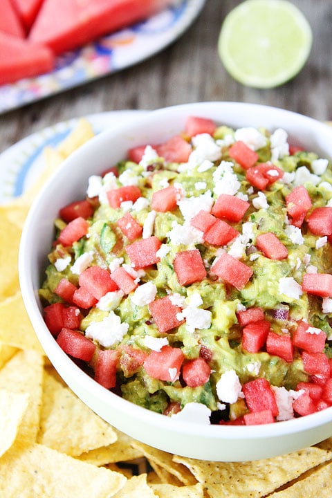 Watermelon Feta Guacamole Recipe on twopeasandtheirpod.com. LOVE this guacamole! #watermelon #summer