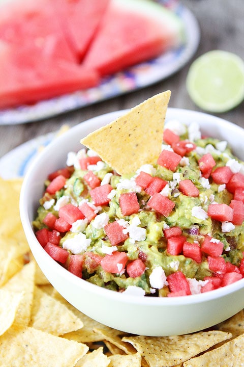 Watermelon Feta Guacamole Recipe on twopeasandtheirpod.com. LOVE this guacamole! #glutenfree #summer