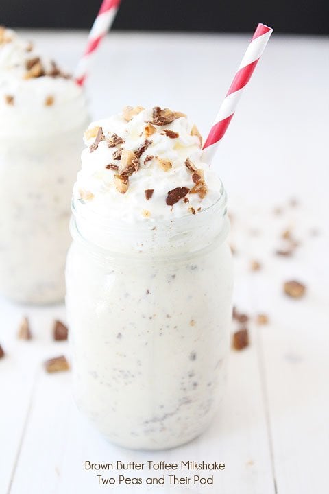 Brown Butter Toffee Milkshake Recipe on twopeasandtheirpod.com The BEST shake you will ever drink! #recipe #icecream