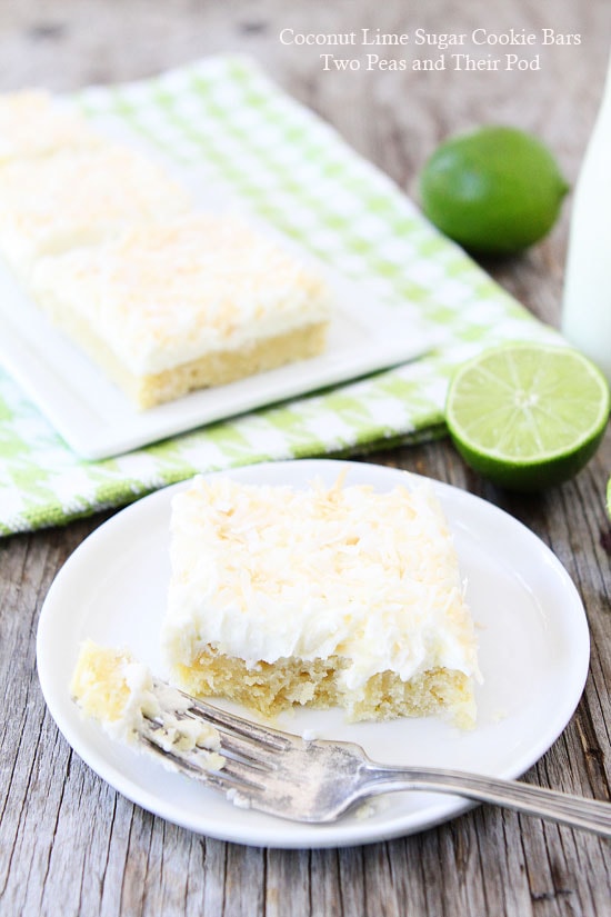 Coconut Lime Sugar Cookie Bars Recipe on twopeasandtheirpod.com These cookie bars are always a hit!