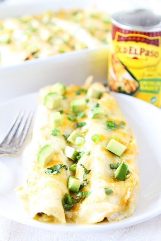 Creamy Spinach and Cheese Green Chile Enchiladas Recipe on twopeasandtheirpod.com We love these vegetarian enchiladas! They freeze well too!