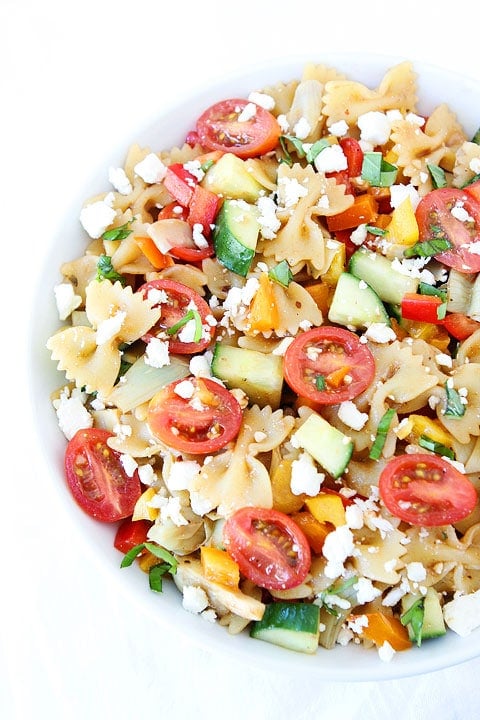 Easy Summer Pasta Salad with veggies in a bowl.