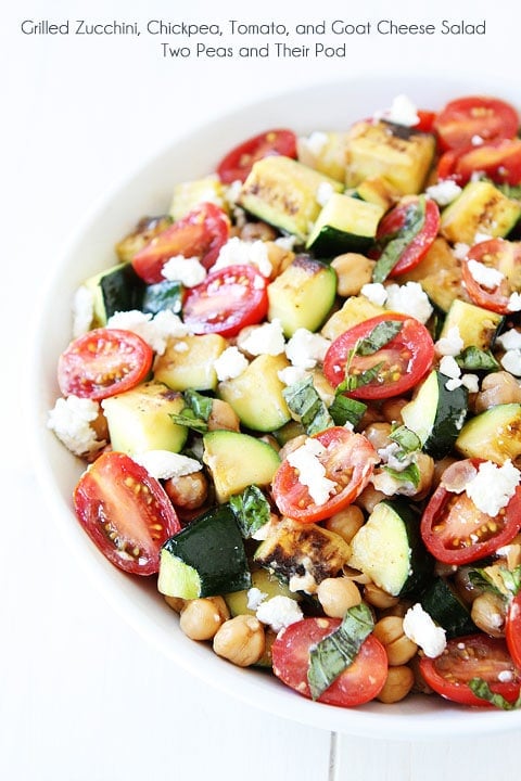 Grilled Zucchini, Chickpea, Tomato, and Goat Cheese Salad Recipe on twopeasandtheirpod.com Love this simple summer salad! #salad
