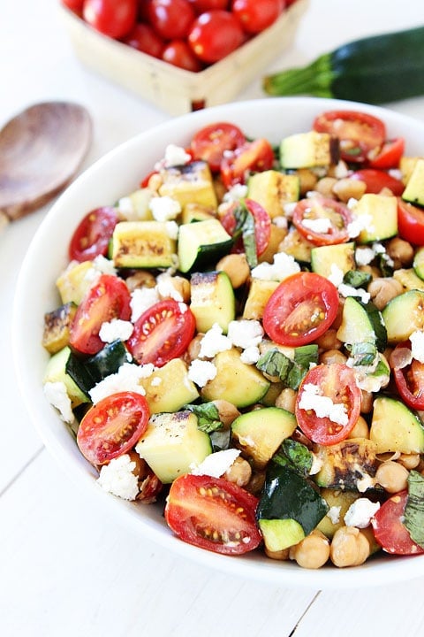Grilled Zucchini, Chickpea, Tomato, and Goat Cheese Salad Recipe on twopeasandtheirpod.com Love this simple summer salad! #zucchini #salad