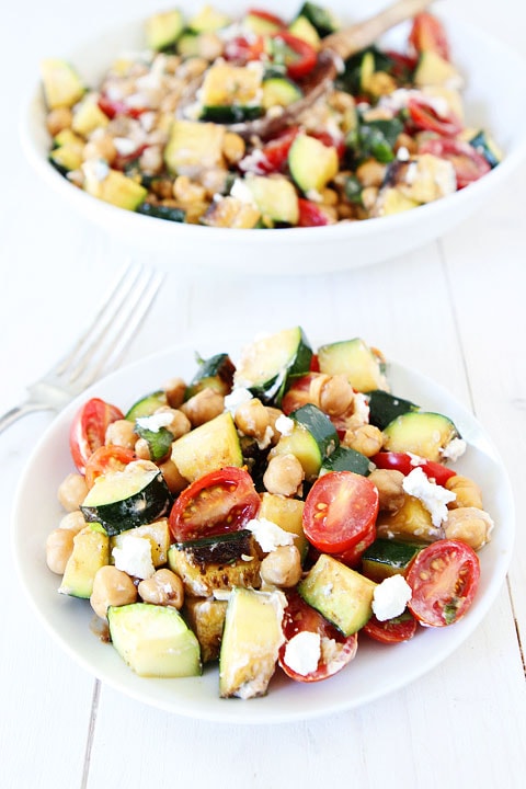 Grilled Zucchini, Chickpea, Tomato, and Goat Cheese Salad Recipe on twopeasandtheirpod.com Love this quick and easy summer salad! 