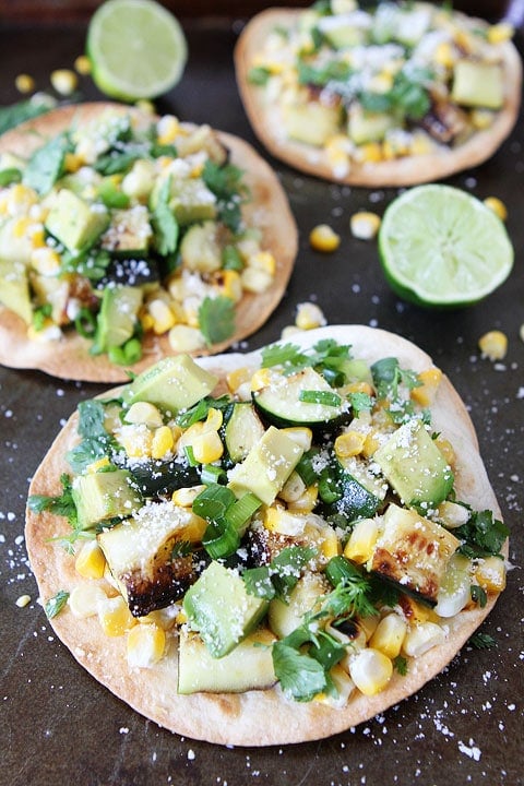 Grilled Zucchini and Corn Tostadas Recipe on twopeasandtheirpod.com Love this simple summer recipe! #vegetarian