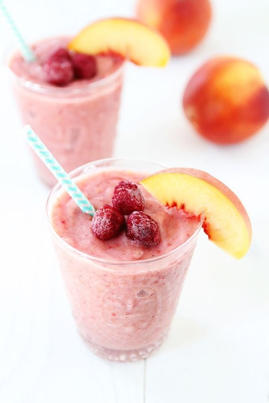 Peach Raspberry Smoothie with fresh peaches