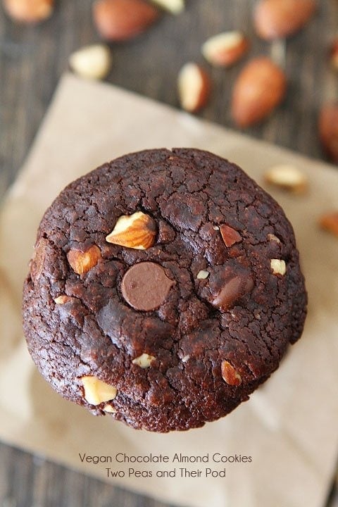 Vegan Chocolate Almond Cookies Recipe on twopeasandtheirpod.com Rich and fudgy chocolate cookies with almonds and chocolate chips! #vegan #cookies #chocolate