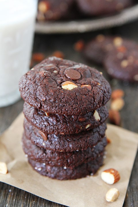 Vegan Chocolate Almond Cookies Recipe on twopeasandtheirpod.com Rich and fudgy chocolate cookies with almonds and chocolate chips!