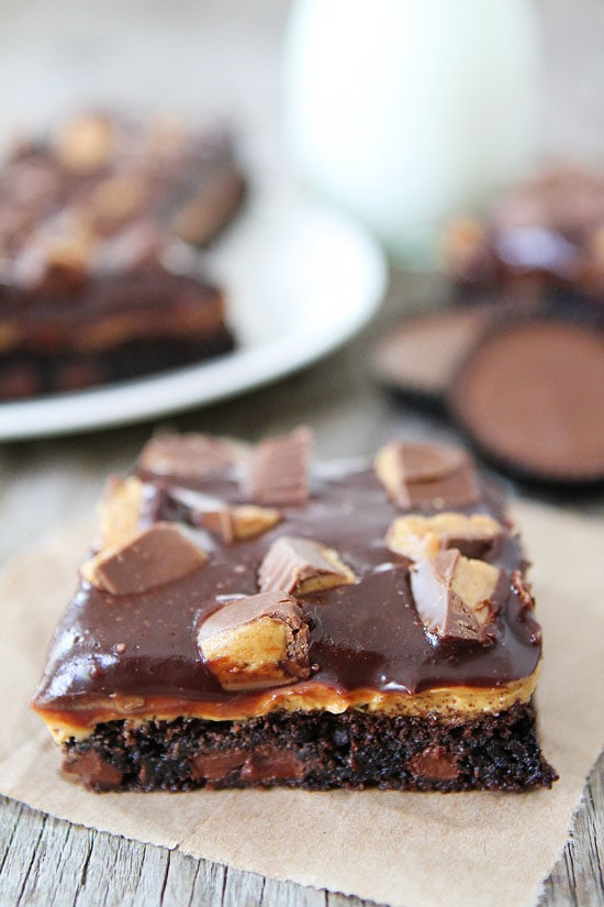 Peanut Butter Brownies layered with chocolate and peanut butter