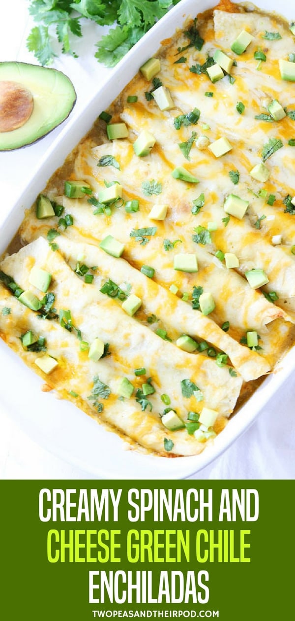 Creamy Spinach and Cheese Green Chile Enchiladas-we love these creamy and cheesy vegetarian enchiladas. They are simple to make and freeze beautifully! #vegetarian #dinner Visit twopeasandtheirpod.com for more simple, fresh, and family friendly meals.