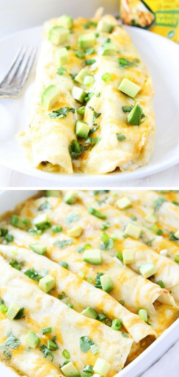 If you are looking for a tasty dinner idea, make our Creamy Spinach and Cheese Green Chile Enchiladas. And don't forget that you can freeze these enchiladas. You will do a happy dance when you remember that you have enchiladas in the freezer. #vegetarian #dinner Visit twopeasandtheirpod.com for more simple, fresh, and family friendly meals.