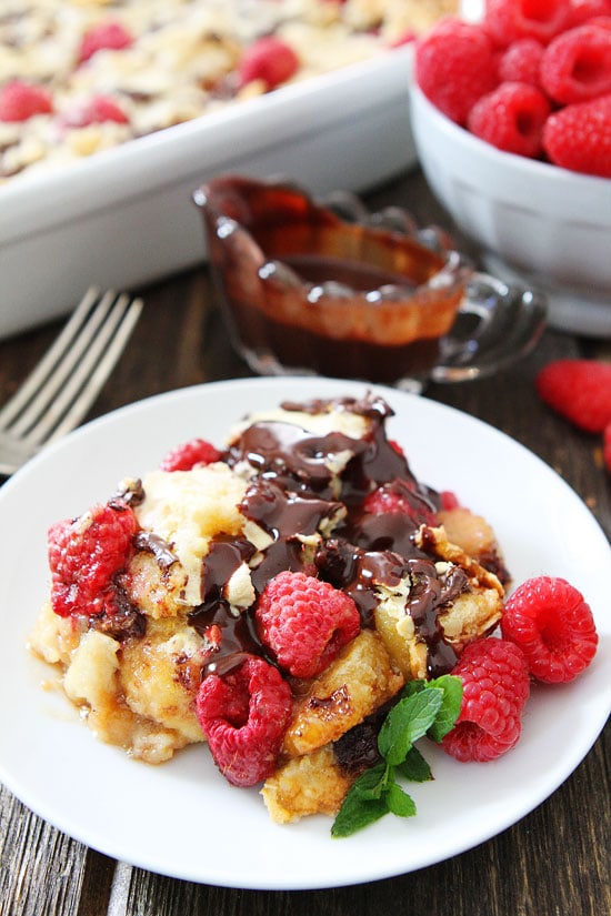 Raspberry Chocolate Bread Pudding Recipe on twopeasandtheirpod.com LOVE the raspberry and chocolate combo! 