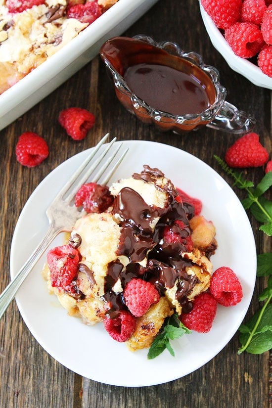 Raspberry Chocolate Bread Pudding Recipe on twopeasandtheirpod.com Love this decadent bread pudding recipe!