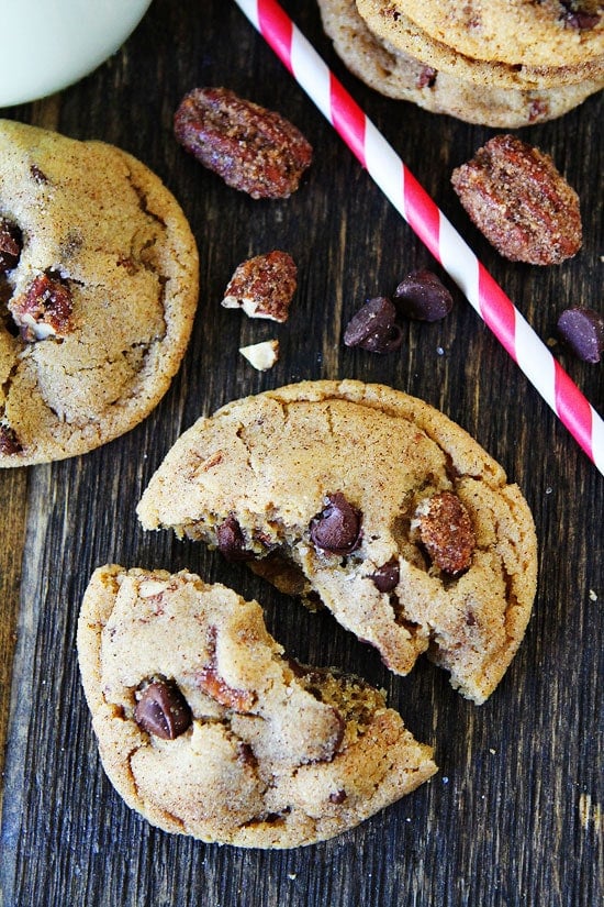 Candied Pecan Chocolate Chip Cookies Recipe on twopeasandtheirpod.com 