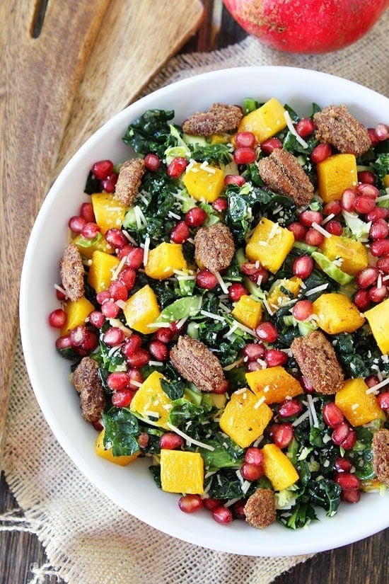 Kale and Brussels Sprouts Salad with Butternut Squash, Pomegranate, and Candied Pecans Recipe