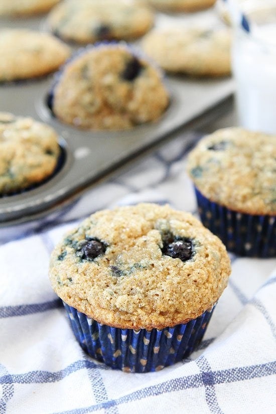 vegan banana muffins dotted with blueberries 