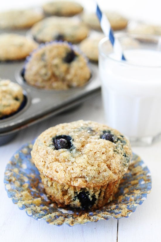 banana blueberry muffins out of the oven ready to eat