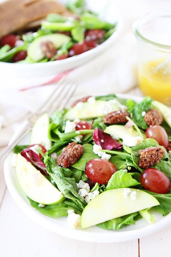 Apple, Grape, and Candied Pecan Salad with Maple-Mustard Dressing Recipe on twopeasandtheirpod.com 