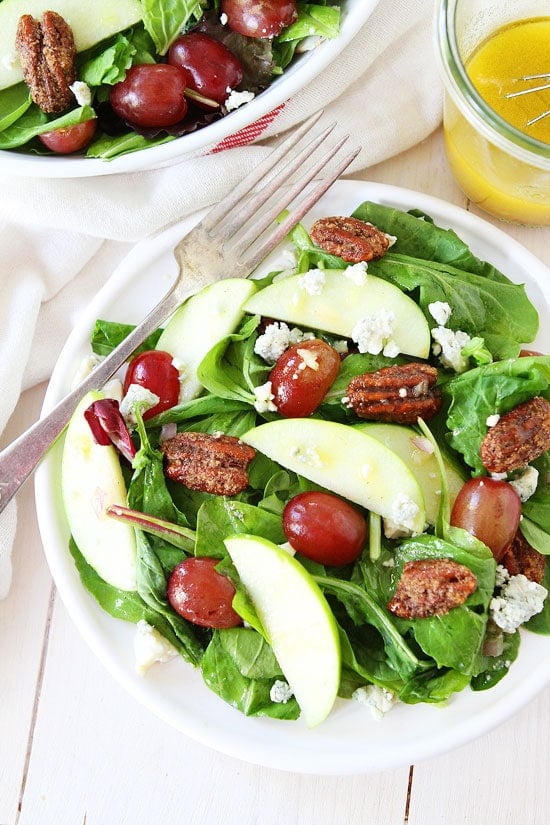 Apple, Grape, and Candied Pecan Salad with Maple-Mustard Dressing Recipe on twopeasandtheirpod.com