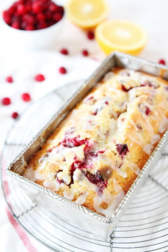 cranberry orange bread in pan. 