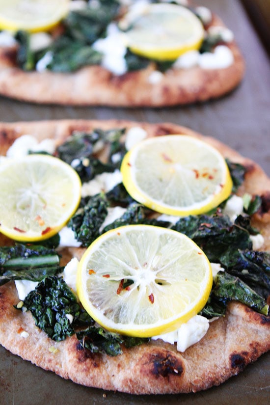 Meyer Lemon, Kale, and Goat Cheese Flatbread Recipe on twopeasandtheirpod.com 