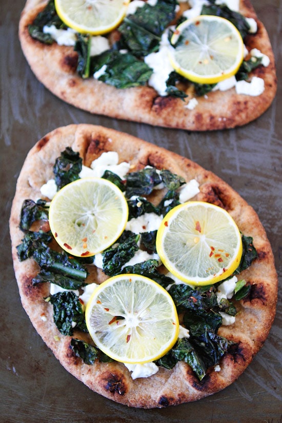 Meyer Lemon, Kale, and Goat Cheese Flatbread Recipe on twopeasandtheirpod.com