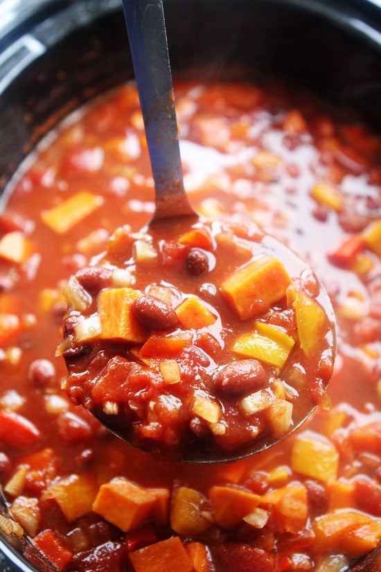 Slow Cooker Vegan Sweet Potato Chili Recipe on twopeasandtheirpod.com