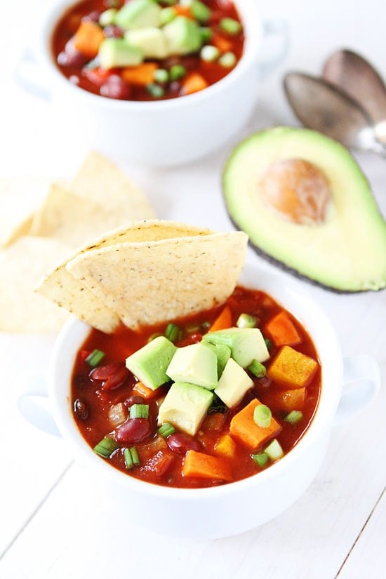 Slow Cooker Vegan Sweet Potato Chili Recipe on twopeasandtheirpod.com 