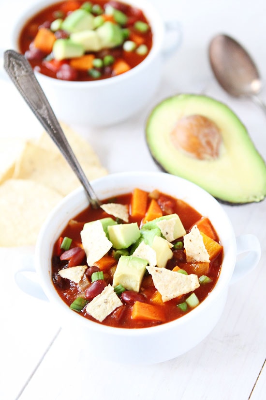 Slow Cooker Vegan Sweet Potato Chili Recipe on twopeasandtheirpod.com 