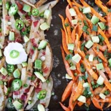 Loaded Cheese Fries made from russet and sweet potatoes