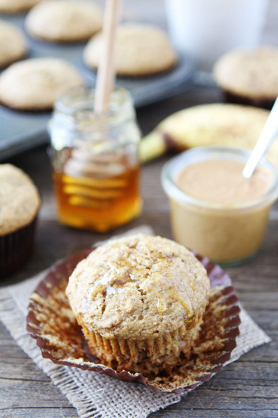 peanut butter banana muffins out of the oven and served with honey