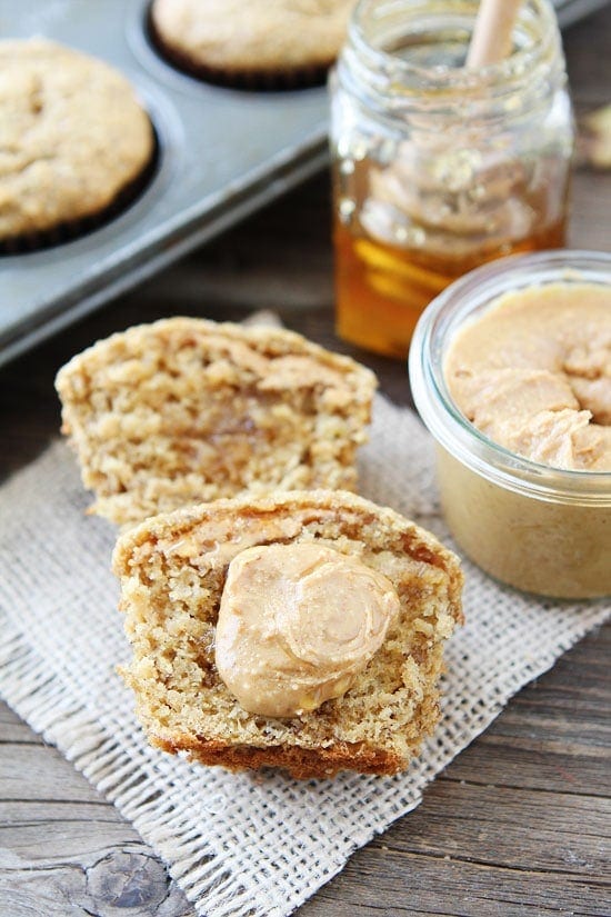 peanut butter muffins slathered with peanut butter and honey 