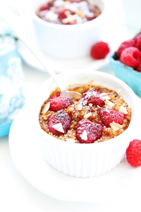 Raspberry Coconut Crème Brûlée Oatmeal Recipe on twopeasandtheirpod.com 